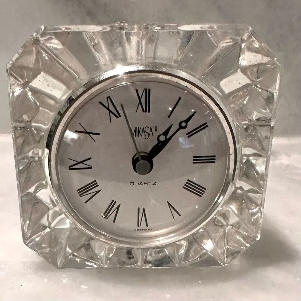 Vintage Mikasa Quartz Clear Crystal Clock 4” x 4” x 3”